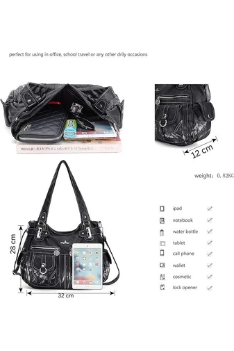 Fekete válltáska fehér mintával Prémium minőségű mosott PU bőr (28*32*12cm)