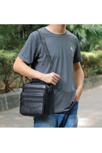 Fekete prémium minőségű valódi bőr férfi crossbody táska (23x20x6cm)