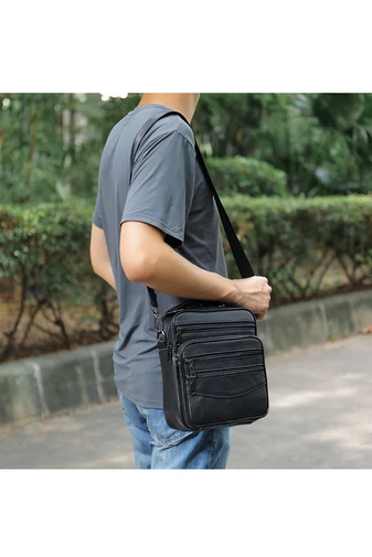 Fekete prémium minőségű valódi bőr férfi crossbody táska (23x20x6cm)