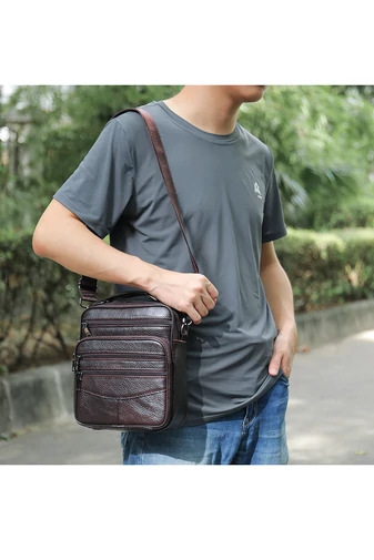 Sötétbarna prémium minőségű valódi bőr férfi crossbody táska (23x20x6cm)