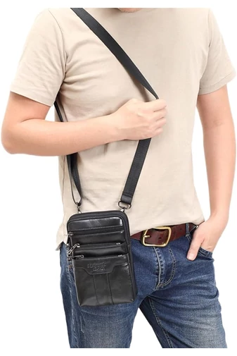 Fekete valódi bőr férfi crossbody táska és övtáska (20x12,5 m)
