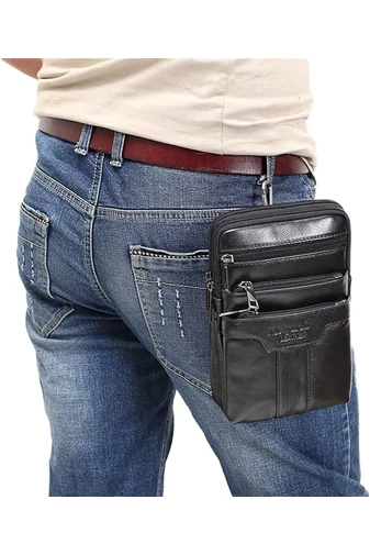 Fekete valódi bőr férfi crossbody táska és övtáska (20x12,5 m)