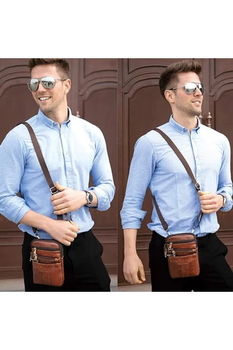 Barna valódi bőr férfi crossbody táska és övtáska (20x12,5 m)