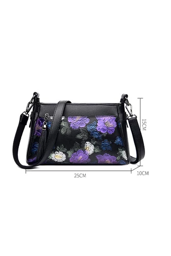 Fekete virágmintás műbőr Crossbody táska (15x25x10cm)