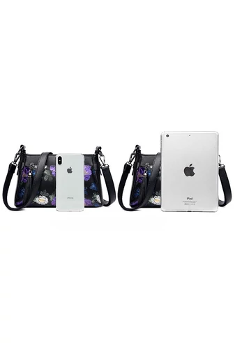 Fekete virágmintás műbőr Crossbody táska (15x25x10cm)