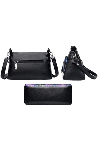 Fekete virágmintás műbőr Crossbody táska (15x25x10cm)
