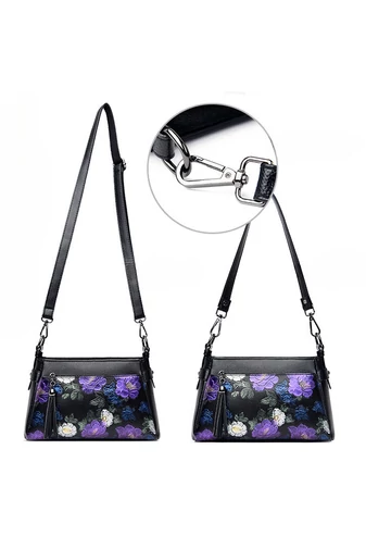 Fekete virágmintás műbőr Crossbody táska (15x25x10cm)