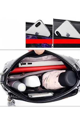 Fekete virágmintás műbőr Crossbody táska (15x25x10cm)