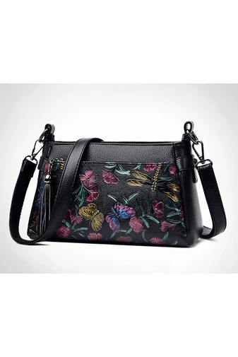 Fekete virágmintás műbőr Crossbody táska (15x25x10cm)