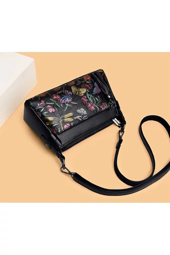 Fekete virágmintás műbőr Crossbody táska (15x25x10cm)