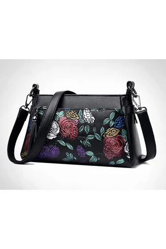 Fekete rózsa mintás műbőr Crossbody táska (15x25x10cm)