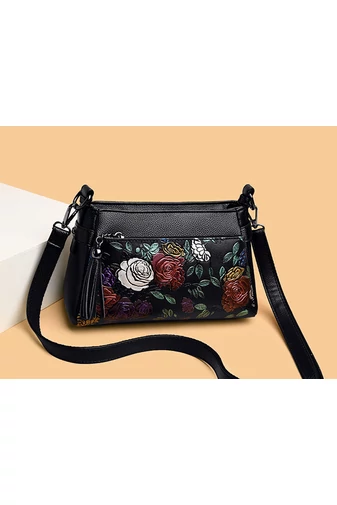 Fekete rózsa mintás műbőr Crossbody táska (15x25x10cm)