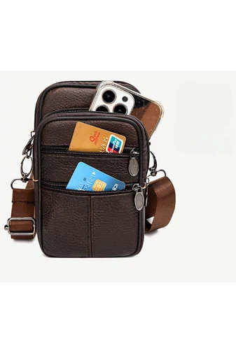 Barna Valódi Bőr Mini Crossbody Táska/Övtáska (19x11x5cm)