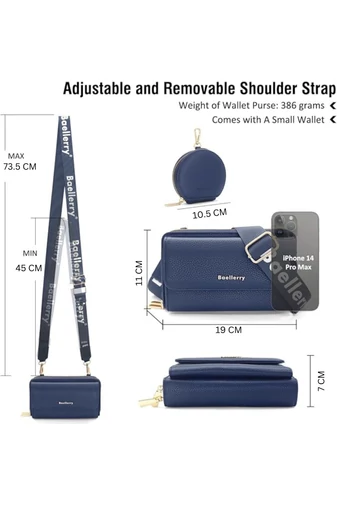 Sötétkék műbőr 2 az 1-ben Crossbody táska/pénztárca kompakt kialakítással és mini pénztárcával (11x19x7cm)
