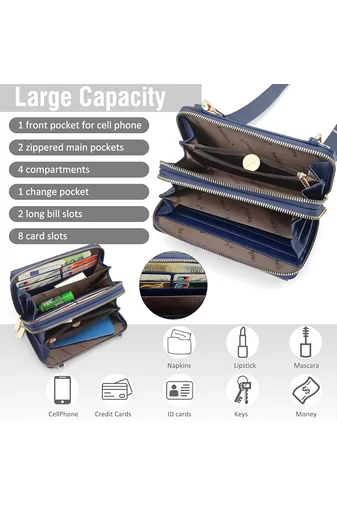 Sötétkék műbőr 2 az 1-ben Crossbody táska/pénztárca kompakt kialakítással és mini pénztárcával (11x19x7cm)